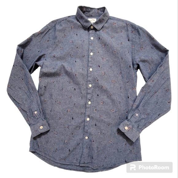 Frank + Oak chambray denim cotton print long sleeve button front shirt - Picture 1 of 11